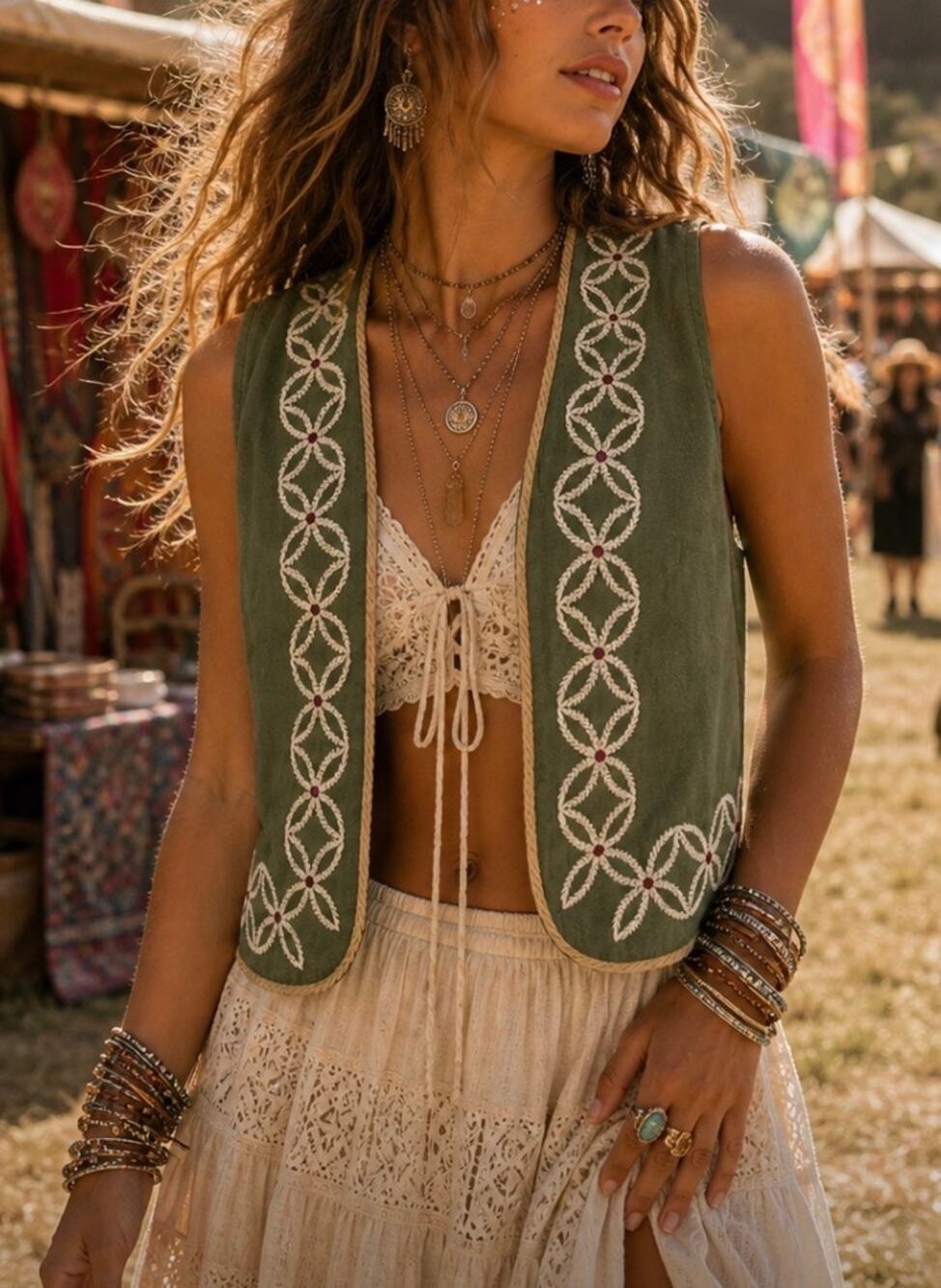 Vintage Lizsport Embroidered Linen Vest Boho Cottagecore renaissance festival S